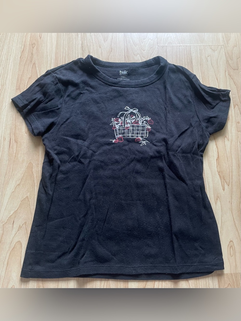 twik Black Tee with Embroidered Floral Basket